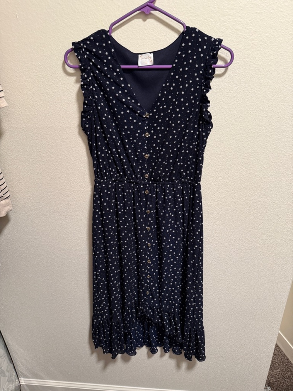 Navy Star Print Button-Front Midi Dress